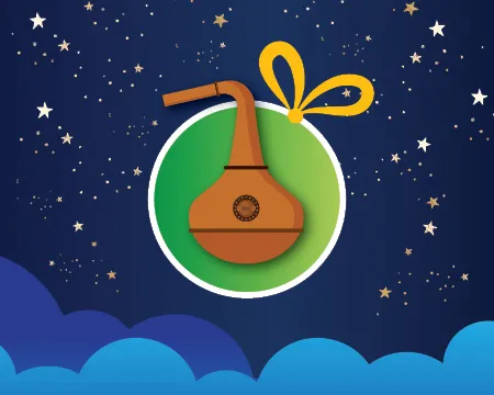 An illustrated Christmas bauble with a copper whisky still