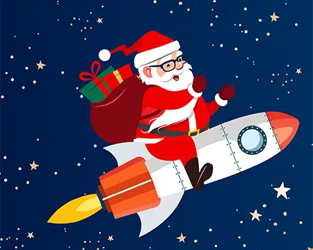 An illustrated Santa on a rocket through the stars