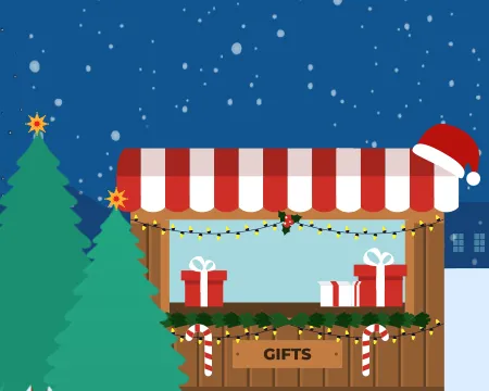An illustration shows a festive market stall against a seasonal background of snow, stars and trees