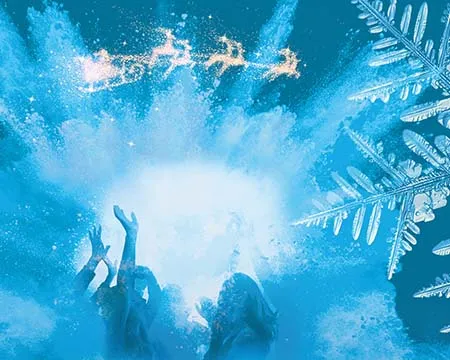 The silhouettes of dancers and a snowflake crystal through a haze of blue light