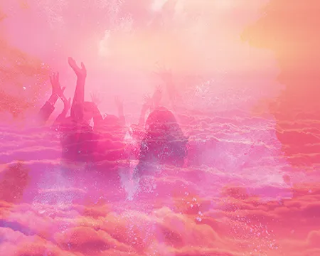 People are seen dancing on a cloudscape through a pink and orange haze