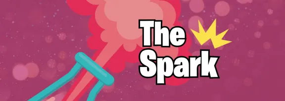 The Spark logo and a graphic of a bubbling flask on a magenta background