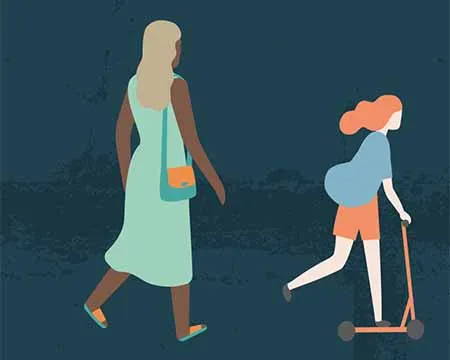 An illustration of a woman walking and a young girl on a scooter