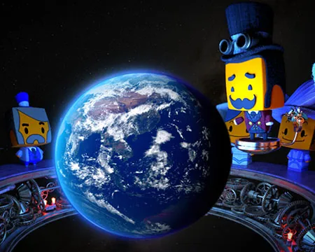 An animated humanoid looks down from space on planet Earth