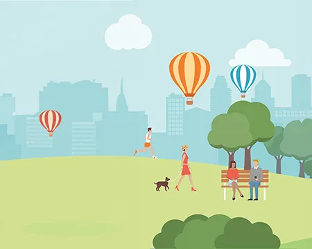 An illustration of a park with people sitting, walking. In the background hot air balloons float across the sky in front of a silhouetted cityscape.