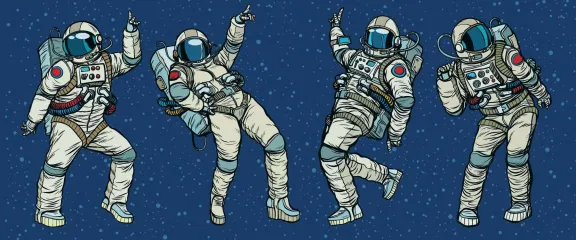 An illustration of two astronauts dancing in space to music