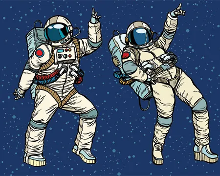 An illustration of two astronauts dancing in space to music