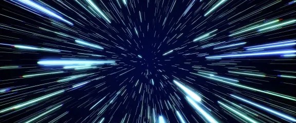 Neon glowing rays of light in motion - evokes notion of travelling fast through space