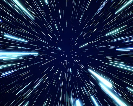 Neon glowing rays of light in motion - evokes notion of travelling fast through space