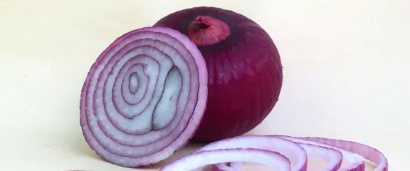 A red onion, partly sliced