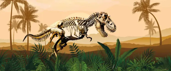 T-rex skeleton in a prehistoric setting alongside the 'Ferocious February' logo