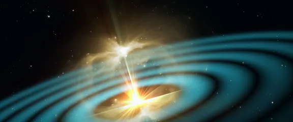 A 3D illustration of gravitational waves spreading out from a black hole in concentric circles
