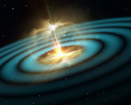 A 3D illustration of gravitational waves spreading out from a black hole in concentric circles