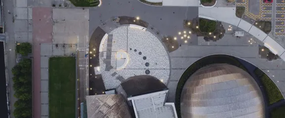 An aerial photo shows the spirals of the Fibonacci Garden at Glasgow Science Centre. Image: HawkAye