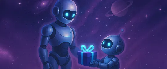 A large robot receiving a gift from a small robot
