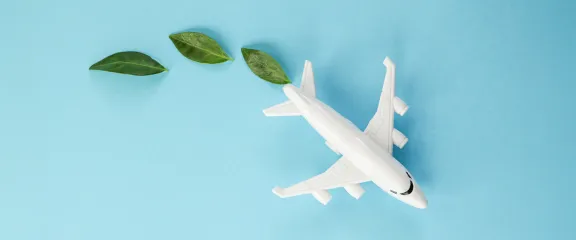 white airplane model, fresh green leaves on blue background
