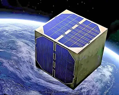 An artist's impression of LignoSat orbiting Earth (Photo Credit: Kyoto University)