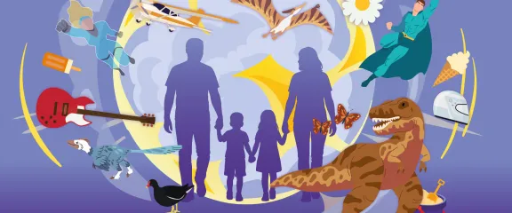 a bright and colourful image. A silhouette of a family of four surrounded by graphics representing the summer programme (dinosaurs, superheroes. ice cream, flowers, electric guitar)