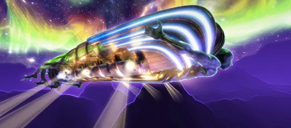 Flying music ship with aurora and mountains.  