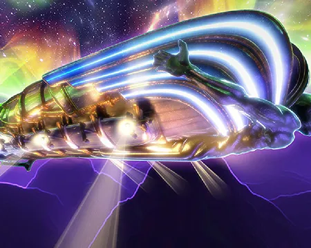 Flying music ship with aurora and mountains.
