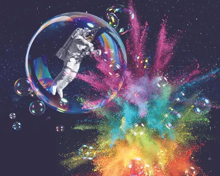 Astrounauts, bubbles a disco ball and a explosion of rainbow colours 