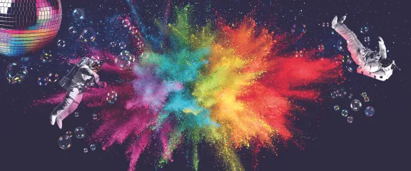 Astrounauts, bubbles a disco ball and a explosion of rainbow colours 