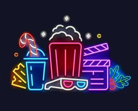 Neon popcorn, cold drink, 3d glasses and clapperboard