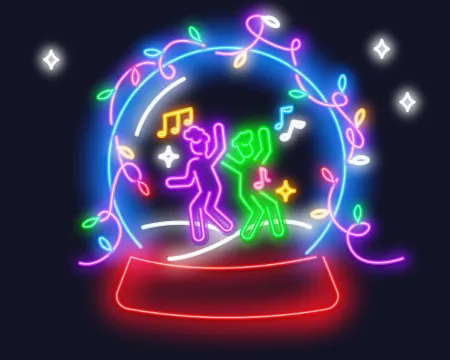 two neon people dancing inside a neon snowglobe