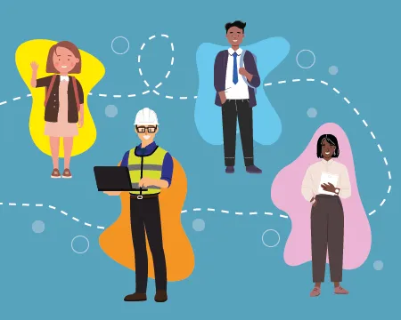 Illustrations of school pupils, a public engagement practitioner, and STEM industry worker