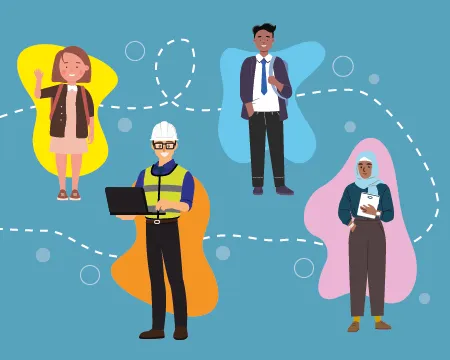 Illustrations of school pupils, a public engagement practitioner, and STEM industry worker
