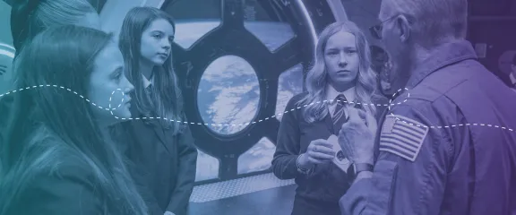 School pupils meet an astronaut in the space zone at Glasgow Science Centre