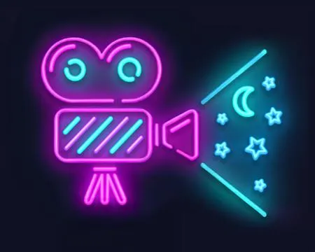 Neon light illustration of a film projector with stars