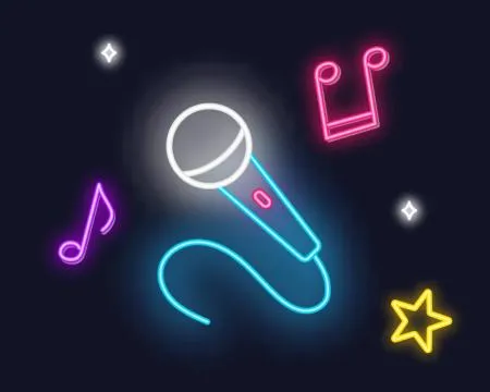 Neon light of a microphone with music notes