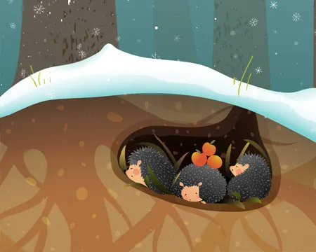 The Spark Magazine - Issue 29. A graphic of three hedgehogs hibernating underground during winter