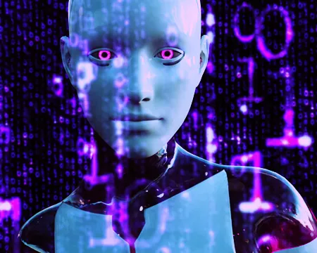 A humanoid robot with binary numbers passing in front