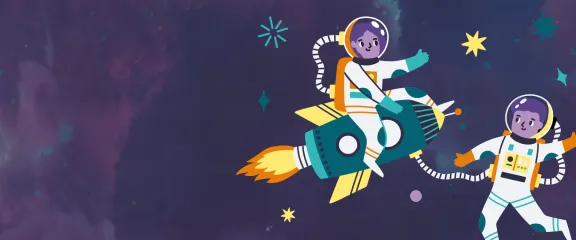 Two cartoon astronauts, one riding a rocket, float in space with stars around them. The background is a dark purple cosmic scene.