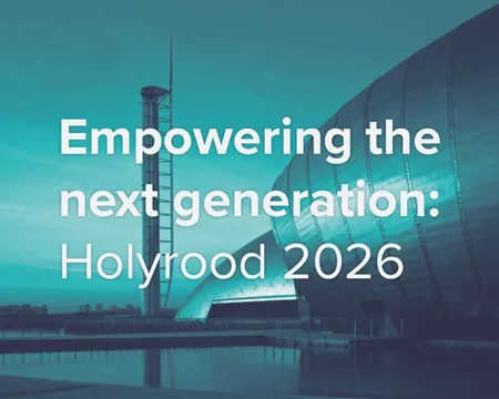 Text reads 'Empowering the next generation: Holyrood 2026' over a blue-washed imaged of the science centre, IMAX and Glasgow Tower