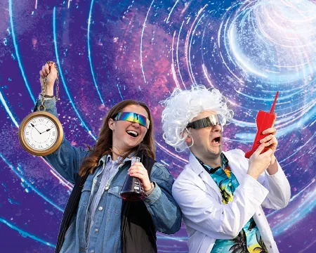 A visualisation of a timewarp in space with two time-travelling scientists