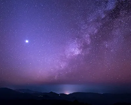 The milky way and night sky above mountains and water