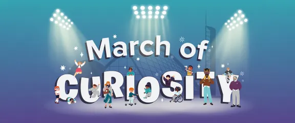 Illustration featuring diverse characters interacting with large playful letters. Spotlights illuminate "March of Curiosity"