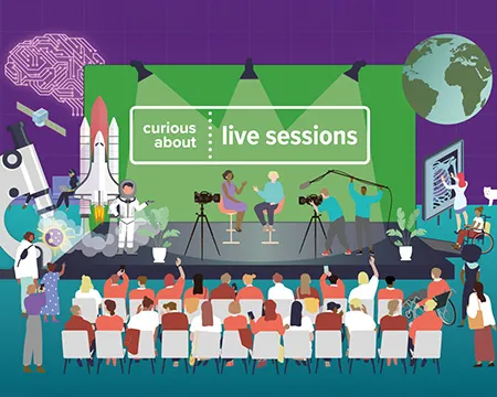 Illustration of a live session event with diverse audience and presenters on stage, surrounded by scientific imagery like rockets and telescopes.