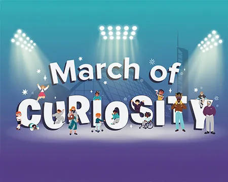 Illustration featuring diverse characters interacting with large playful letters. Spotlights illuminate "March of Curiosity"