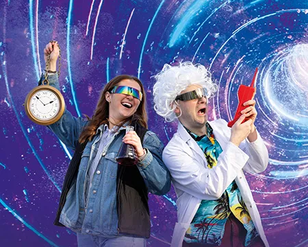 Two people in futuristic attire stand against a swirling vortex backdrop. One holds a clock and flask filled with unknown liquid, the other sports wild white hair and a large red mobile phone