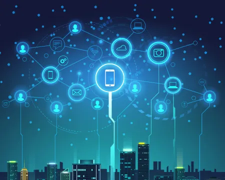 A digital cityscape with glowing blue network icons connected by lines above skyscrapers, symbolizing connectivity and technology integration.