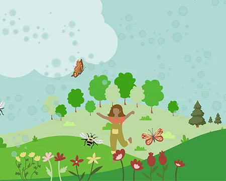 Illustration of girl surrounded by air in the hills