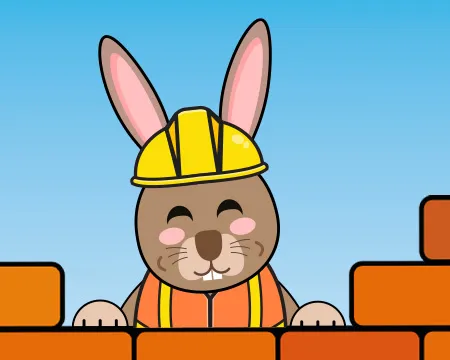 Cartoon rabbit wearing a construction outfit whilst building a wall