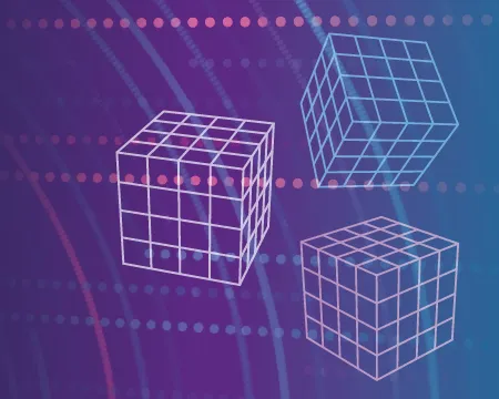 Illustration showing 3 white cubes against a purple-blue background with radiating lines and dots