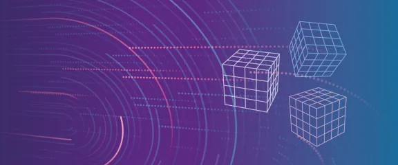 Illustration showing 3 white cubes against a purple-blue background with radiating lines and dots