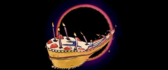 A birthday cake is stretched as it is pulled into a black hole