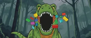 An illustration of an open-mouthed T. rex with toy bricks around it